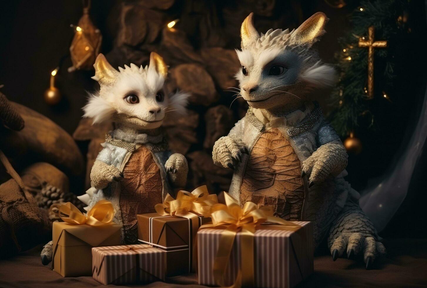 Dragon are sitting on the New Year tree, holding small decorated gifts in their paws photo