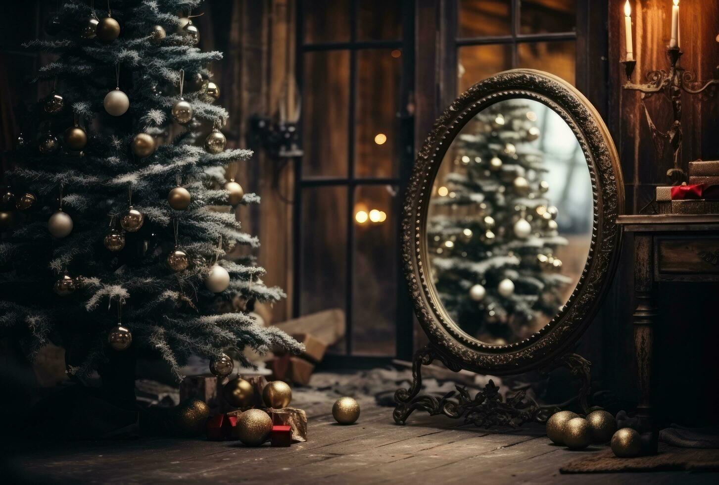 Room in an old house, an old mirror hangs on the wall, in the mirror there is an image of a decorated New Year tree photo