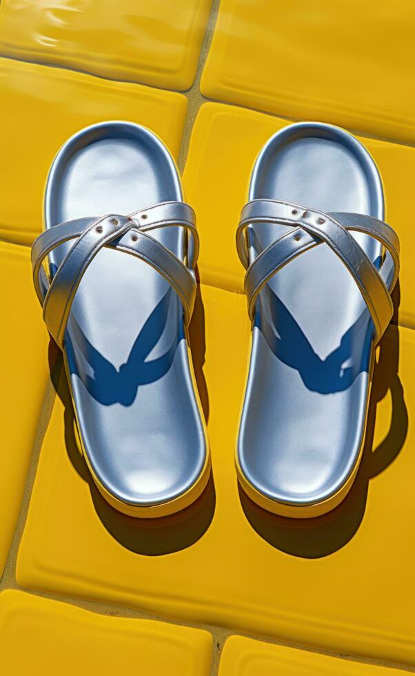 Flip flops on terrace on a pool photo