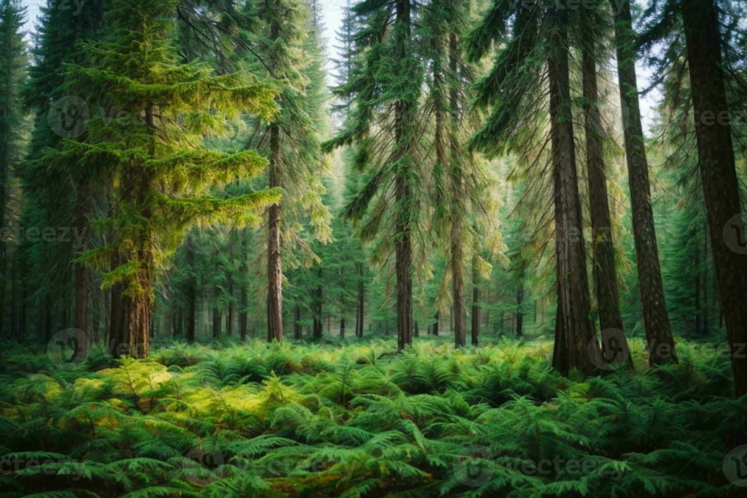 Healthy green trees in a forest of old spruce, fir and pine. AI generated photo