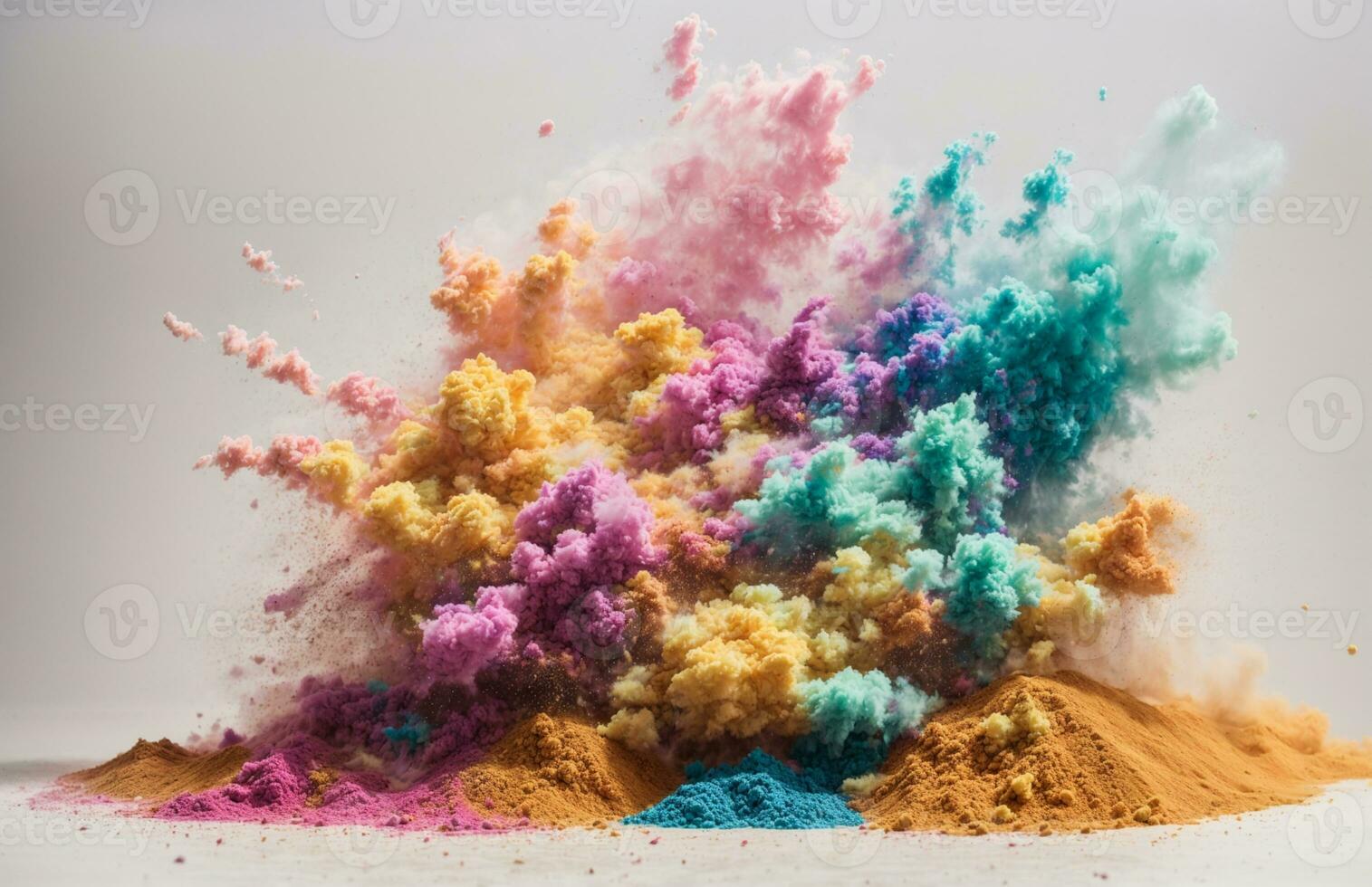 Abstract powder splatted background. Colorful powder explosion on white background. Colored cloud. Colorful dust explode. Paint Holi. AI generated photo