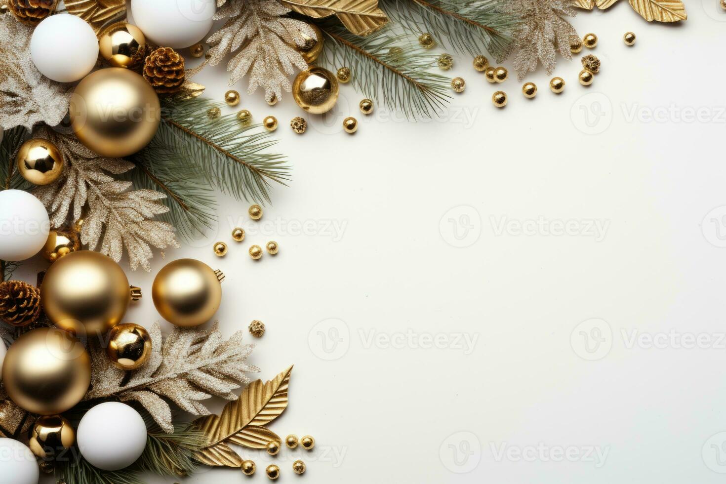 Fir branches decorated with golden balls on a light background. Place for text. Christmas greeting background photo