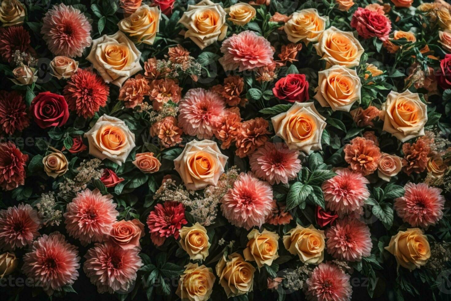 Artificial Flowers Wall for Background in vintage style. AI generated photo