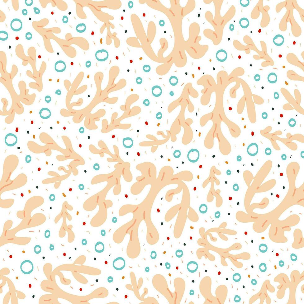 Marine seamless background with corals and bubbles on a white background vector