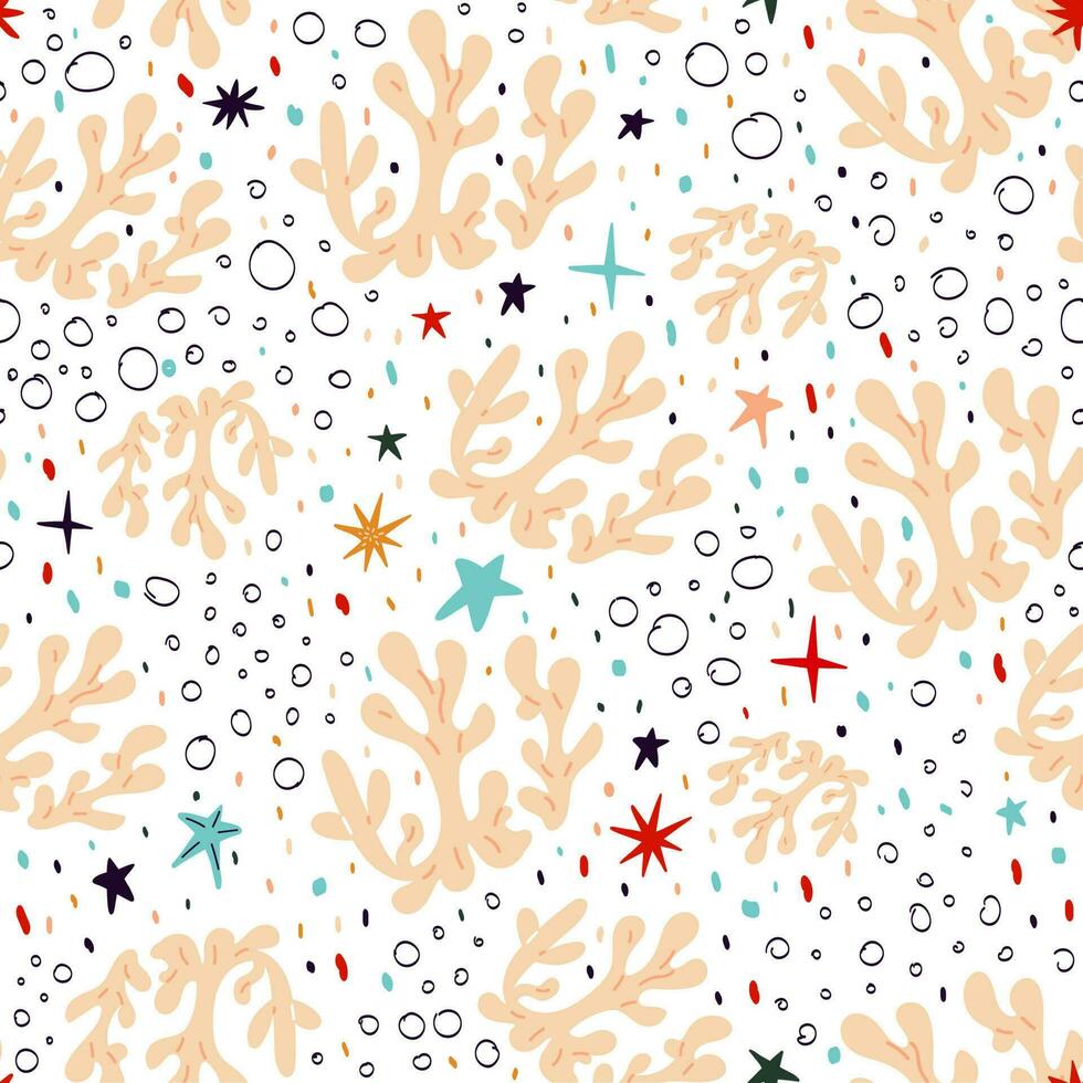 Marine seamless background with corals and bubbles on a white background vector