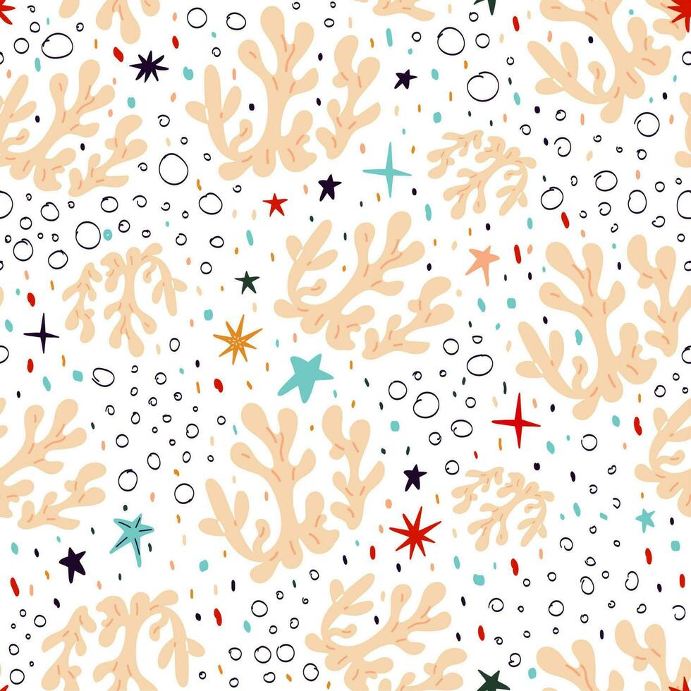 Marine seamless background with corals and bubbles on a white background vector