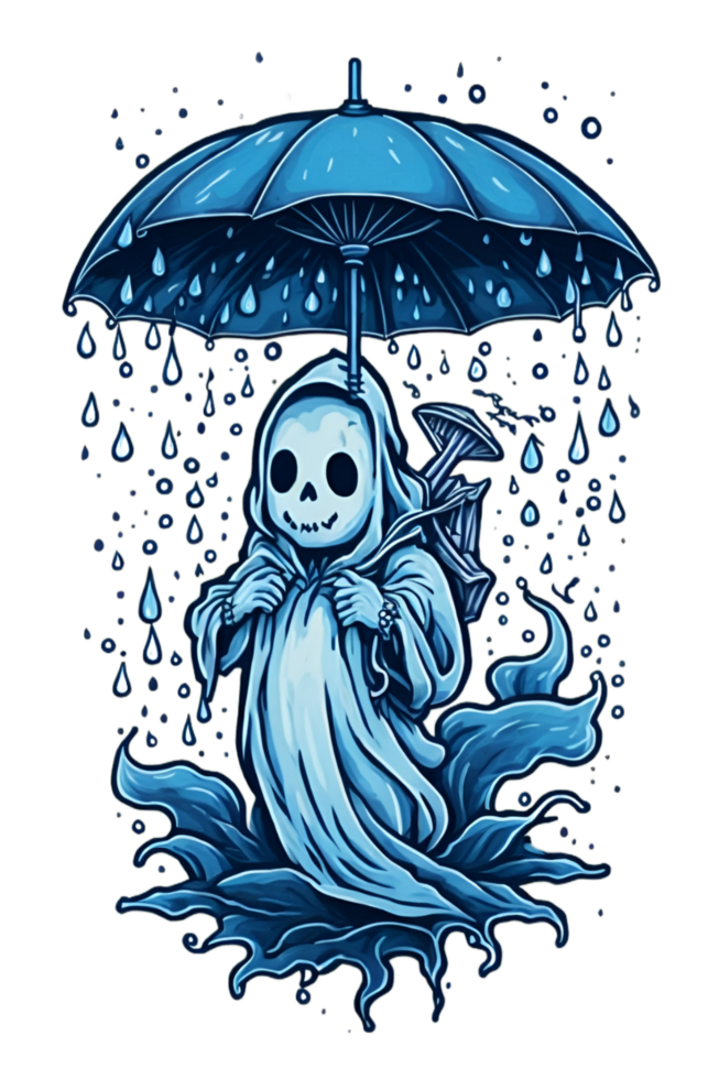 Sticker of a ghost wearing an umbrella in the rain ai generative png