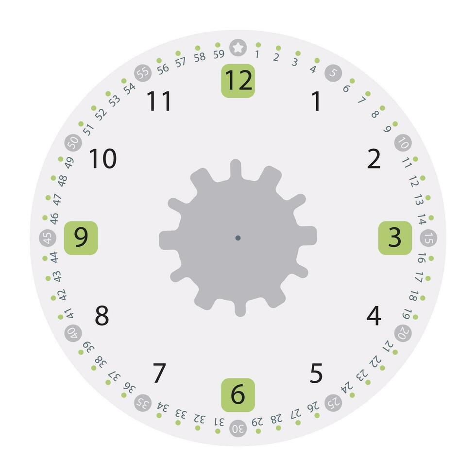 12 Hours Clock Face with modern design in light grey and green colours isolated on white vector