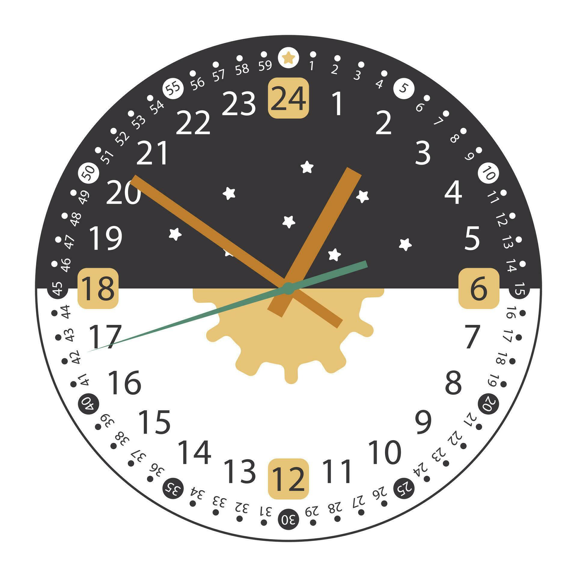 24 Hours Clock Face with arrows. Full day clock. Black white and gold ...