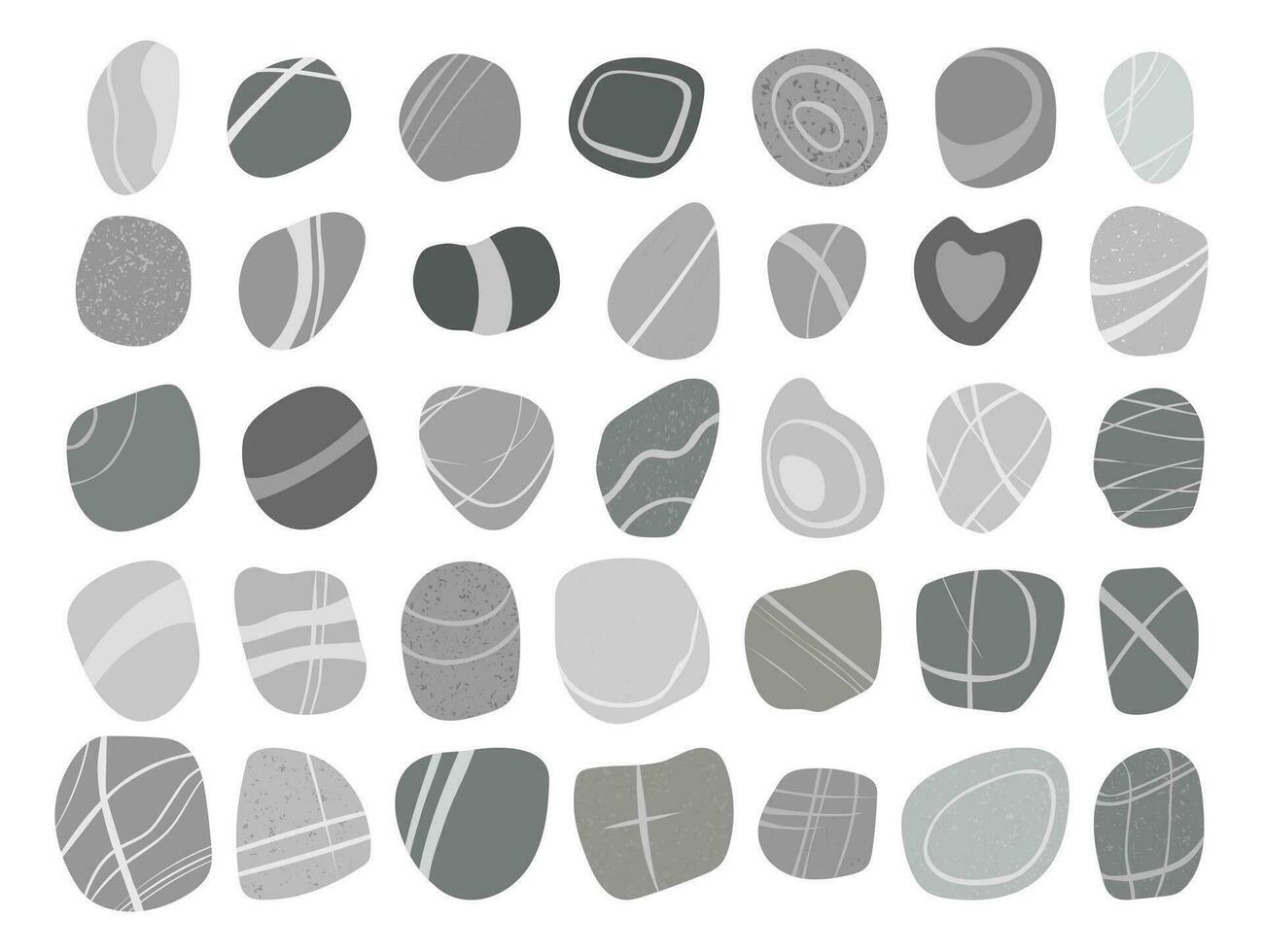 Flat sea monochrome pebbles collection isolated on white background. Every stone is different. Vector