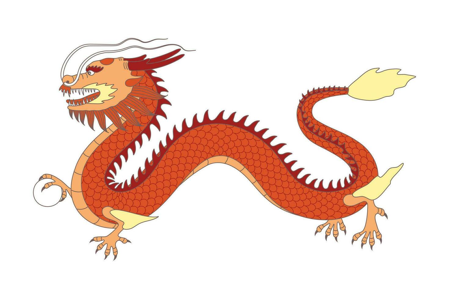Hand drawn Traditional Chinese Red Dragon in cartoon style isolated on white background. Vector