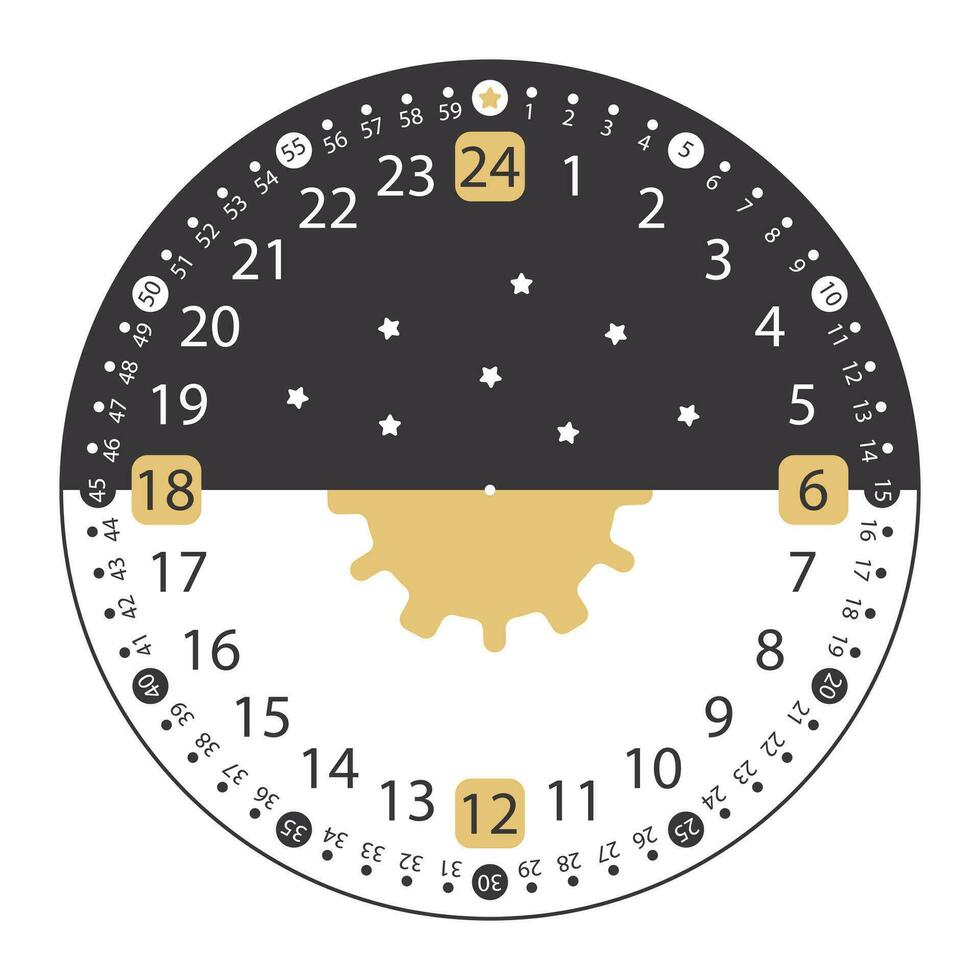 24 Hours Clock Face with modern design in black and gold colours isolated on white vector