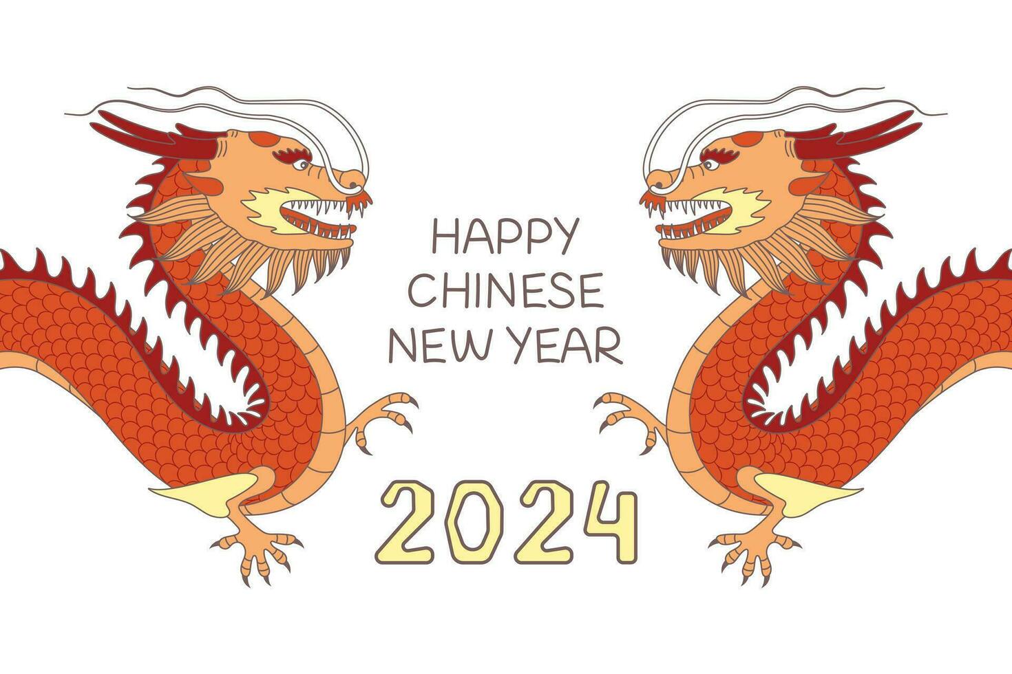 Greeting Card 2024 Happy Chinese New Year with Red Dragons in cartoon style. Vector