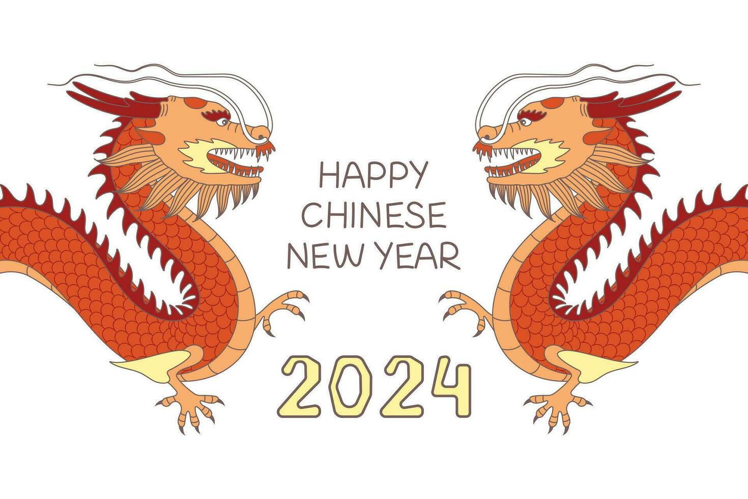 Greeting Card 2024 Happy Chinese New Year with Red Dragons in cartoon style. Vector