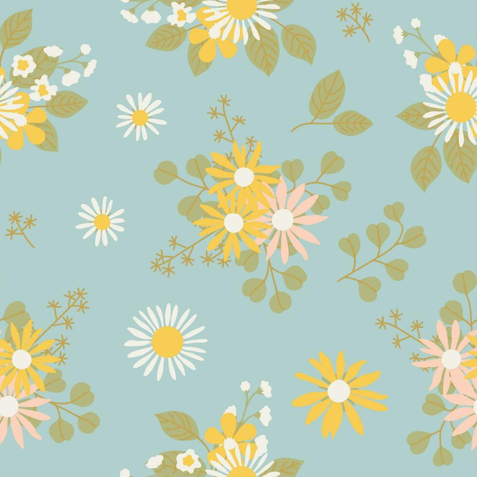 Cute seamless light blue pattern with wild flowers in flat style. Wrapping paper, wallpapers, background vector