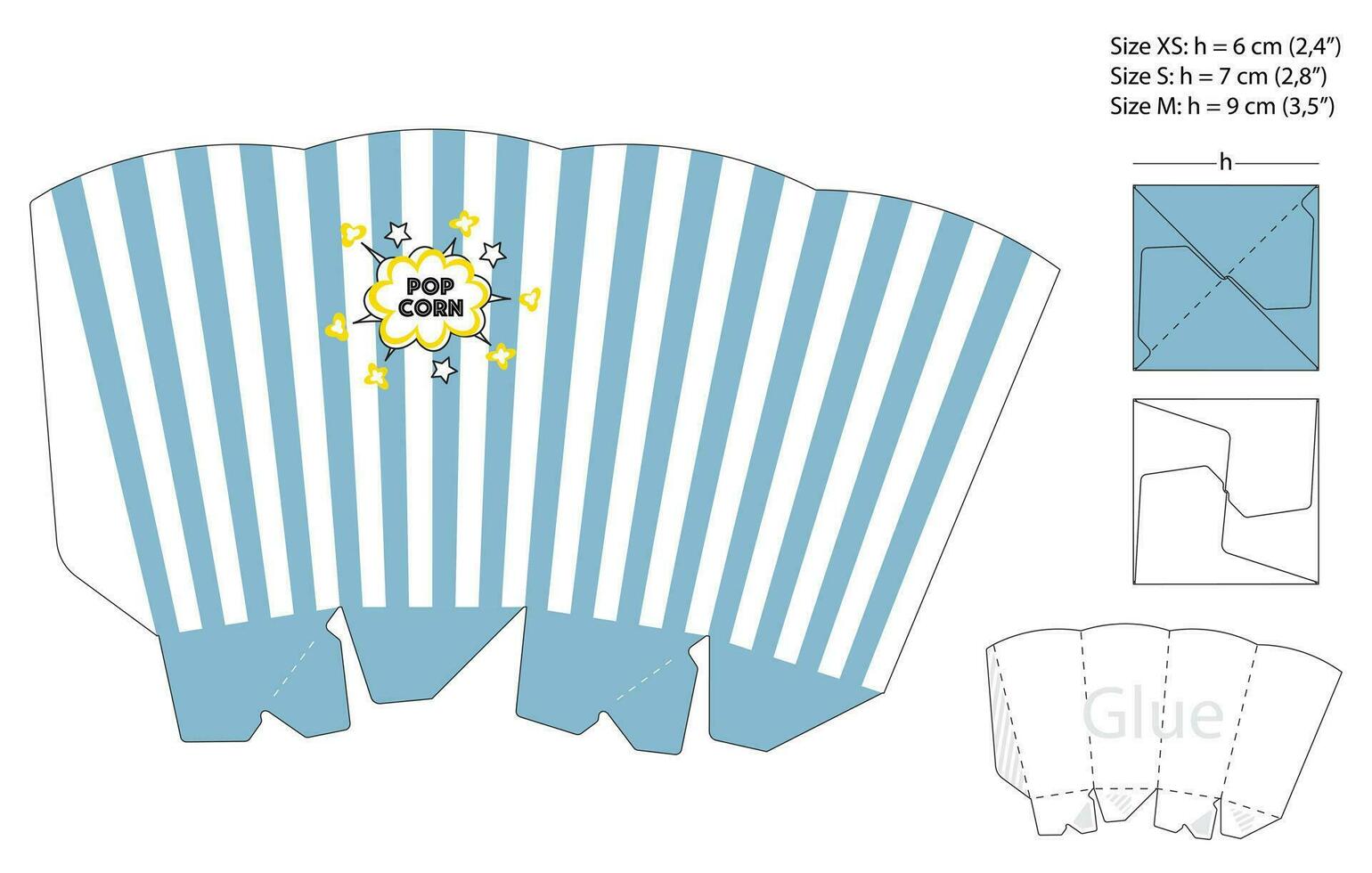 Cute popcorn box template with vertical blue and white stripes isolated