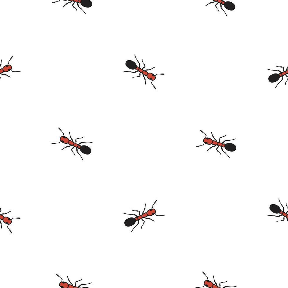 hormigas sin costura modelo con pequeño rojo negro insectos en varios orientaciones en blanco antecedentes. modelo desde colección vector