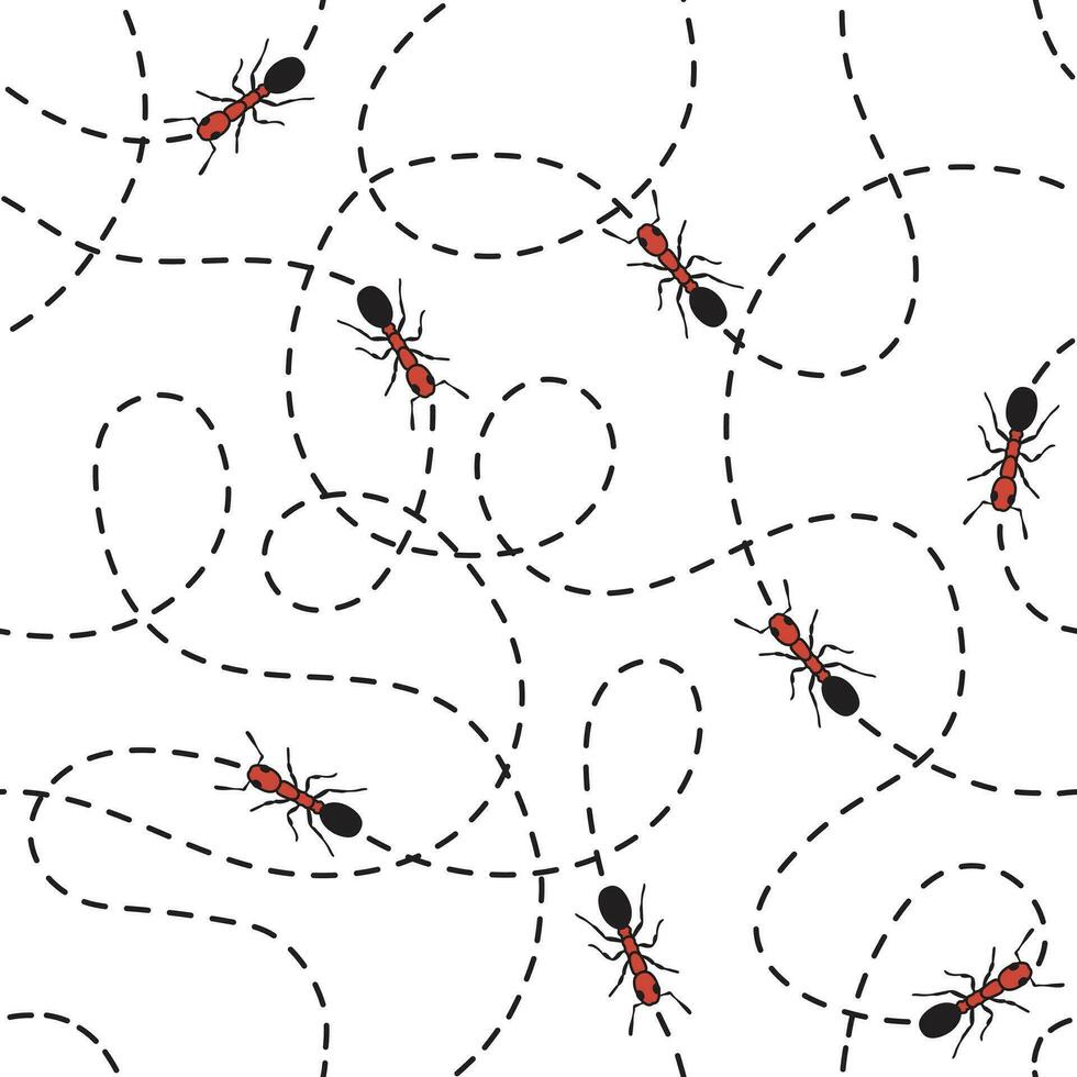 Seamless pattern of red ants workers running along the black tracks on white background. Pattern from collection vector