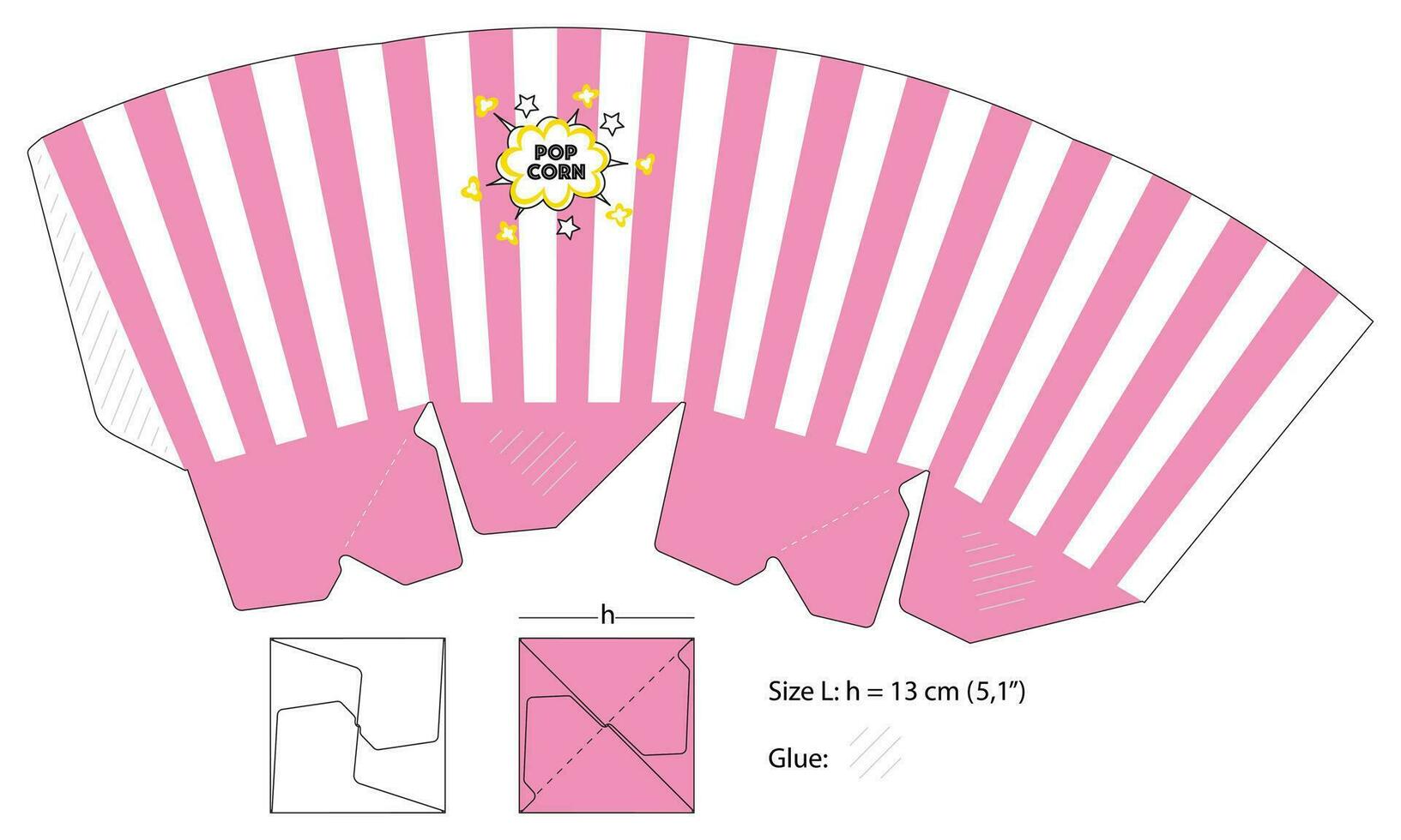 Pink stripped box template with popcorn label on it. Big size container much up on white background. vector