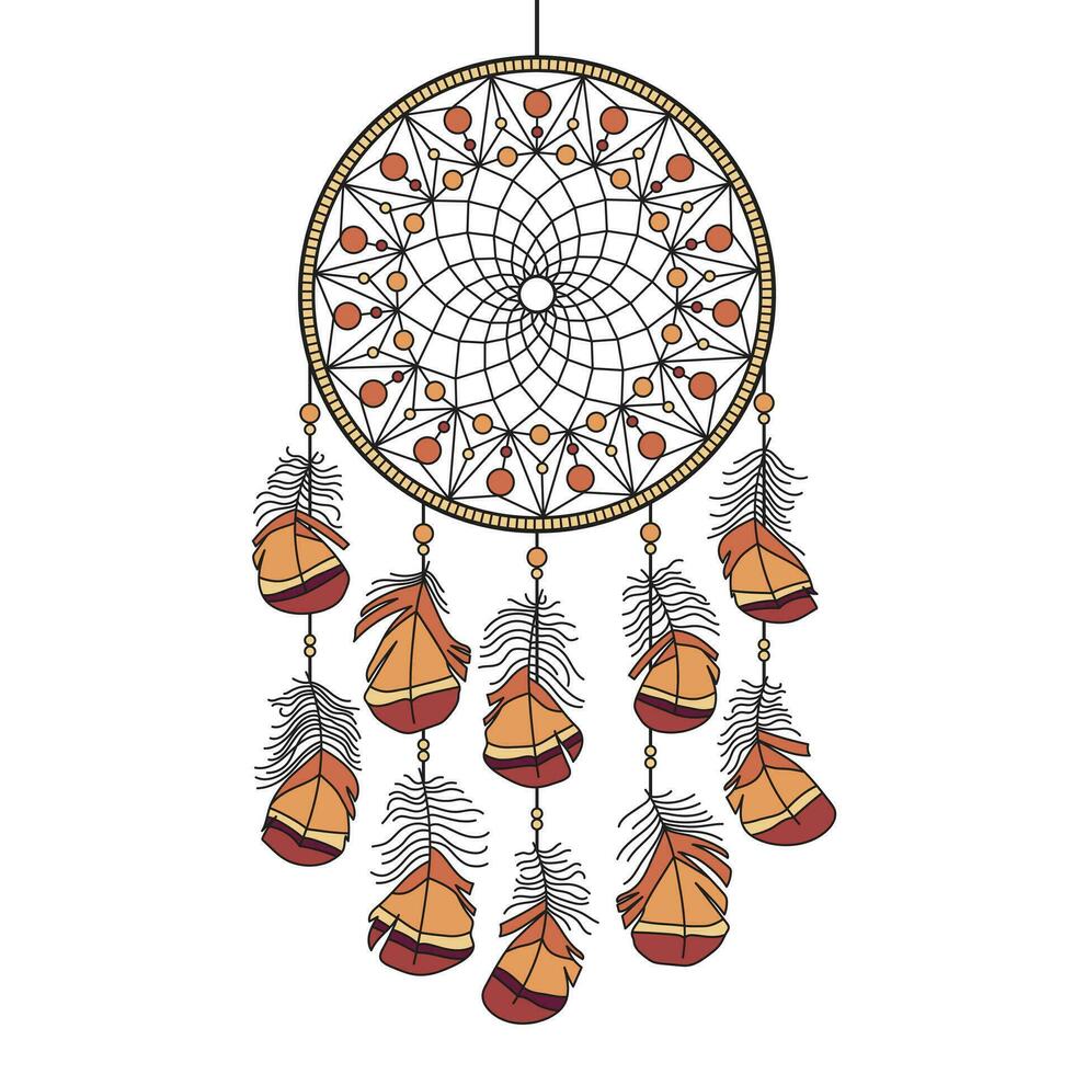 Dream Catcher colourful detailed hand drawn with feathers and beads. Vector