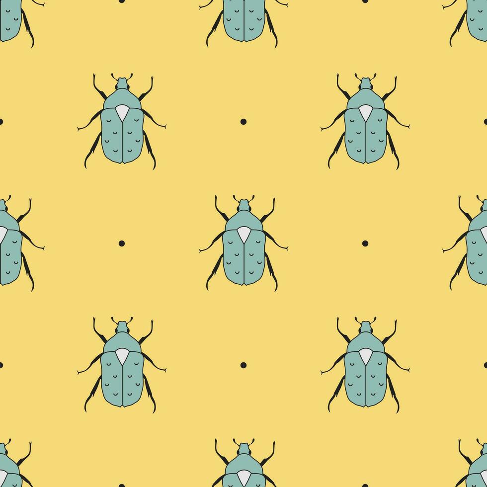 Seamless geometric pattern background of flower chafers beetles on yellow background. Look other samples in collection vector