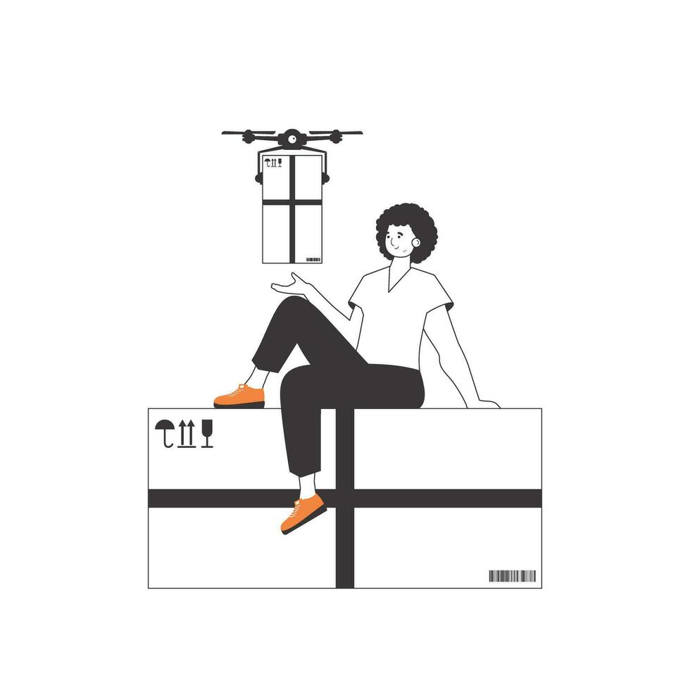 A man sends a package with a drone. Drone delivery concept. Linear style. Isolated on white background. Vector illustration.