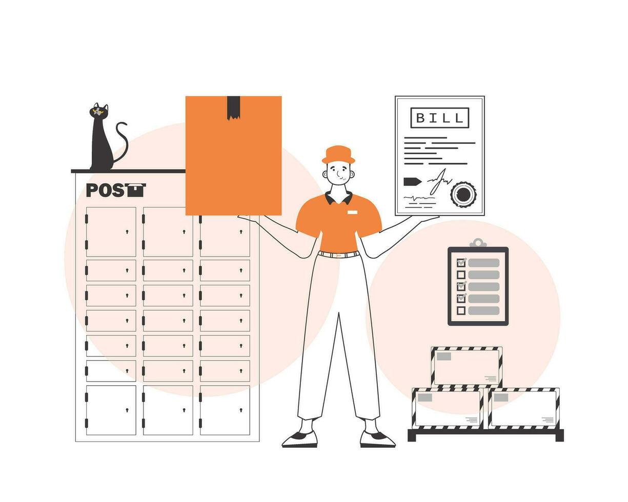 A man holds a parcel and a check in his hands. Parcel delivery concept. Linear trendy style. vector