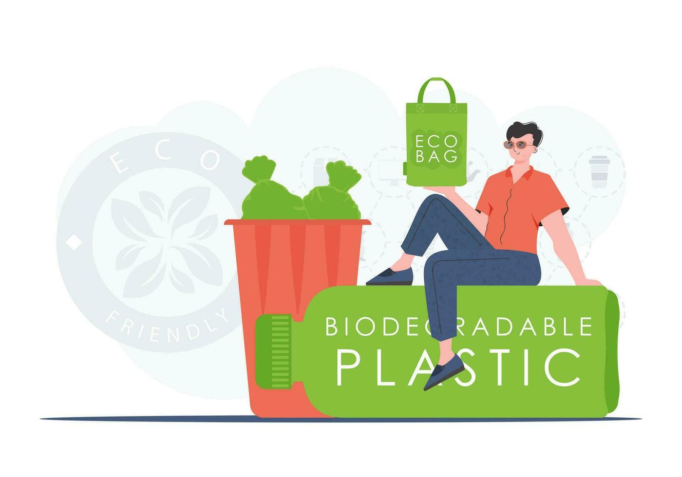 The concept of ecology and care for the environment. A man sits on a bottle made of biodegradable plastic and holds an ECO BAG in his hands. Trend style.Vector illustration. vector