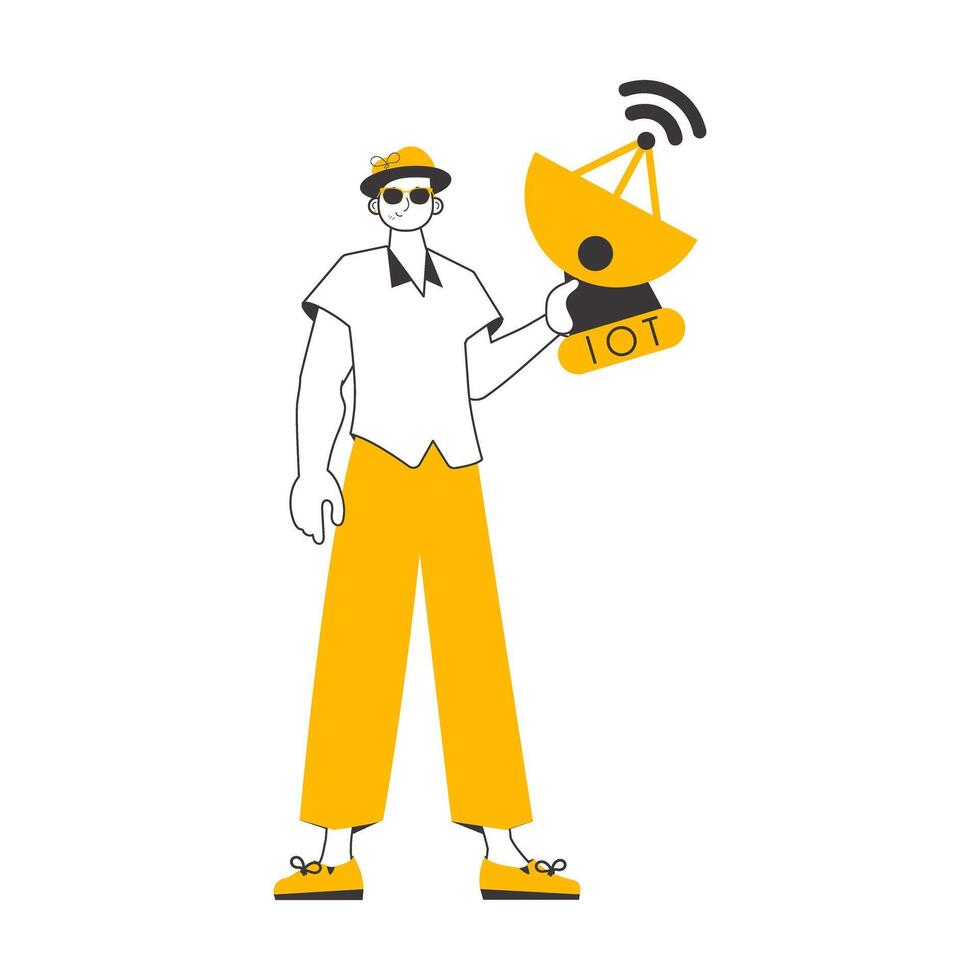 A man holds the internet of things logo in his hands. Linear modern style. Isolated. . vector