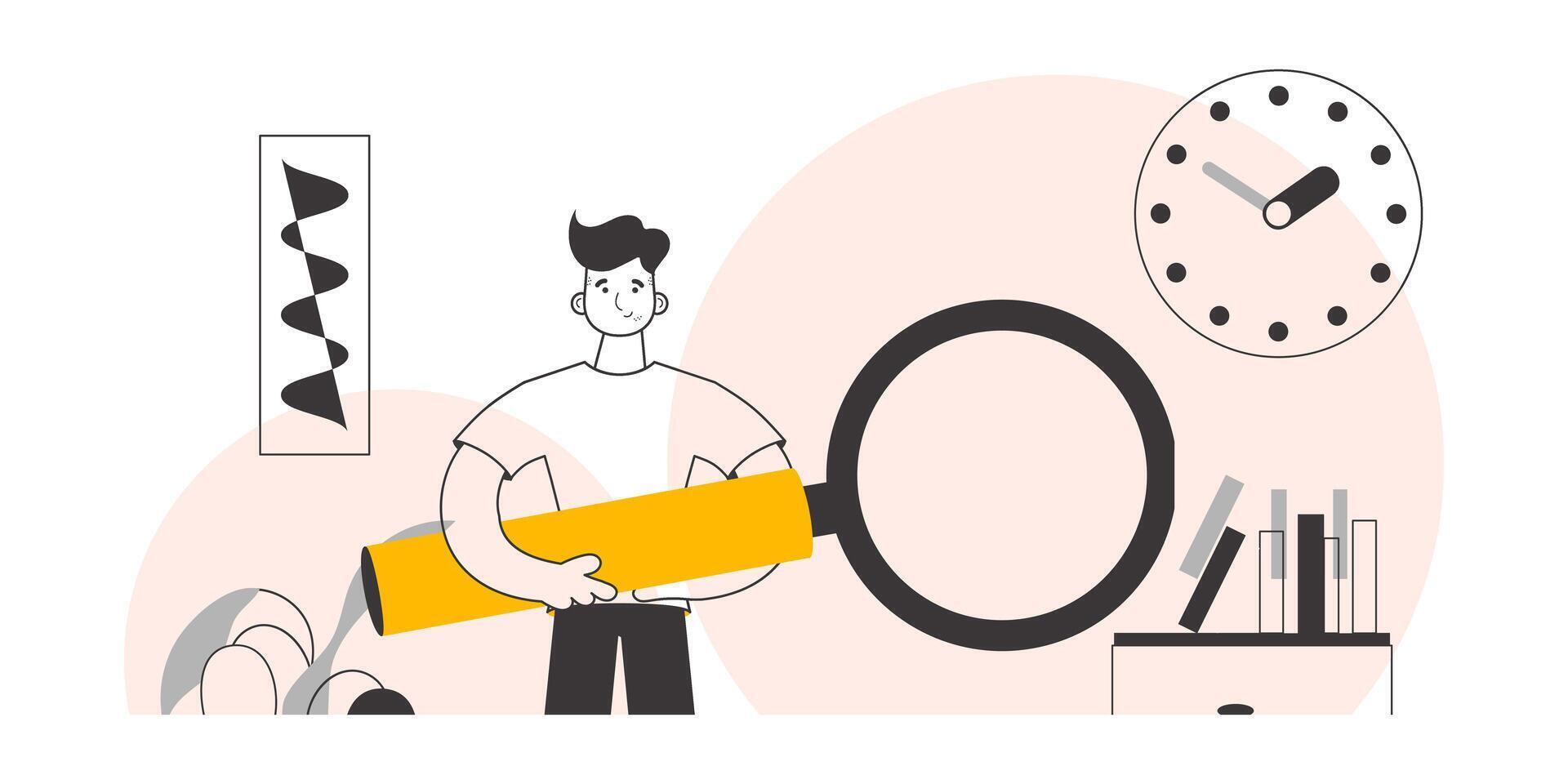 A man holds a magnifying glass in his hands. Linear trendy style. illustration. vector