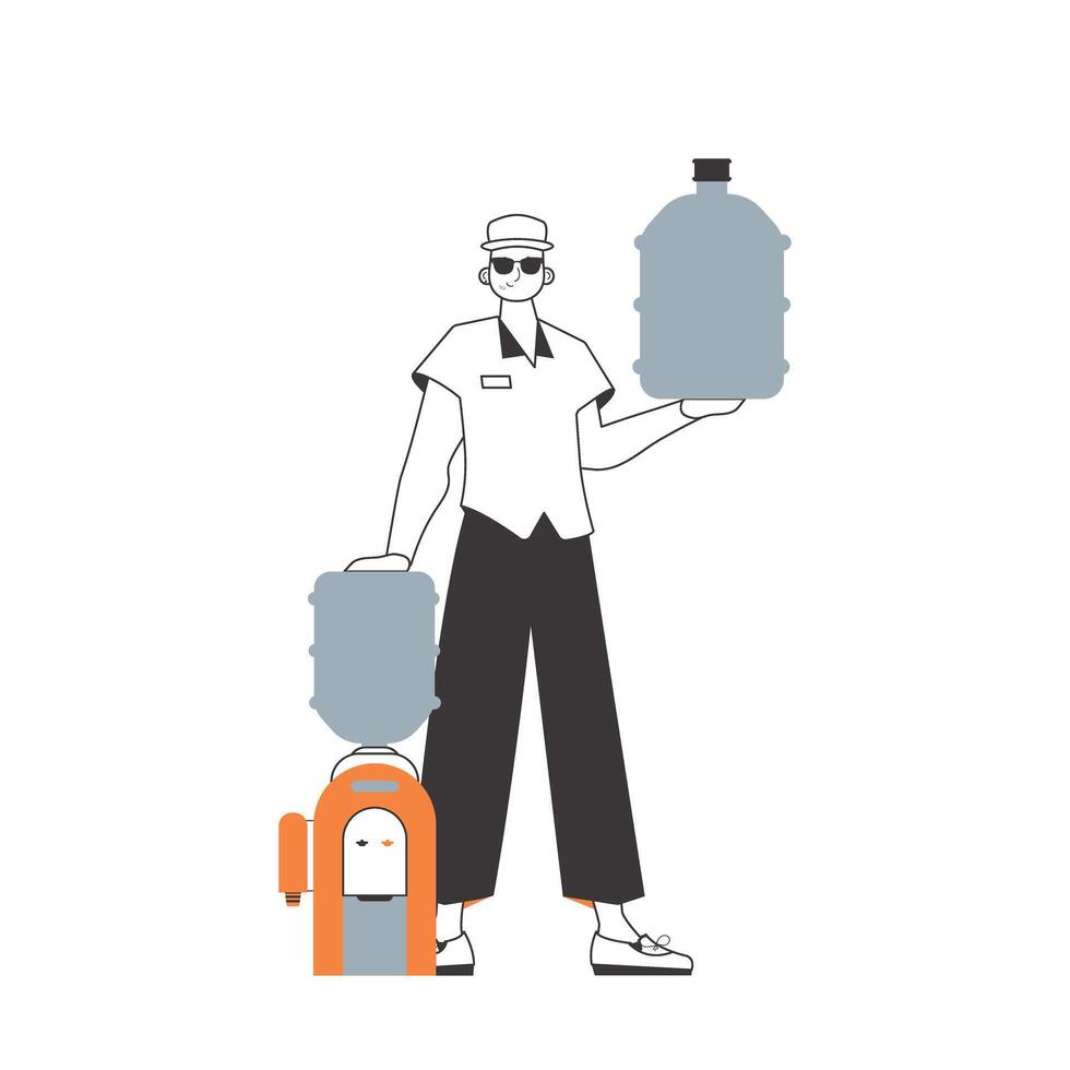 Water delivery concept. A man with a large bottle of water in his hands. Lineart style. vector