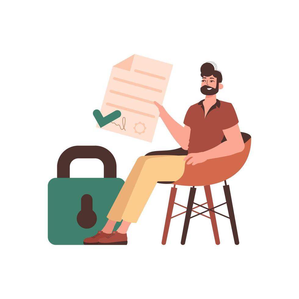 The man sits in a chair and holds a document in her hands. Data protection. Trend style character. vector