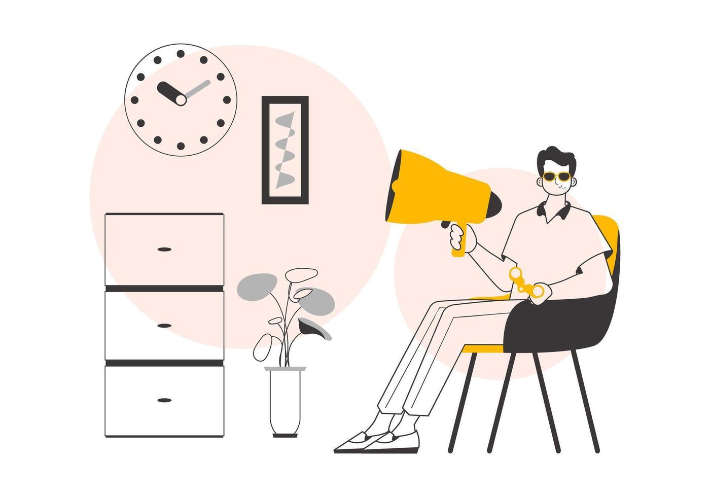 The guy is holding a bullhorn in his hands. Linear trendy style. Vector illustration.