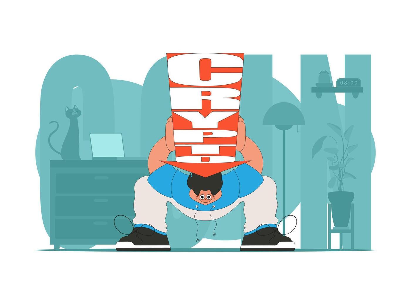 A man holds a falling cryptocurrency. funny character. Cryptocurrency and fiat exchange theme. vector