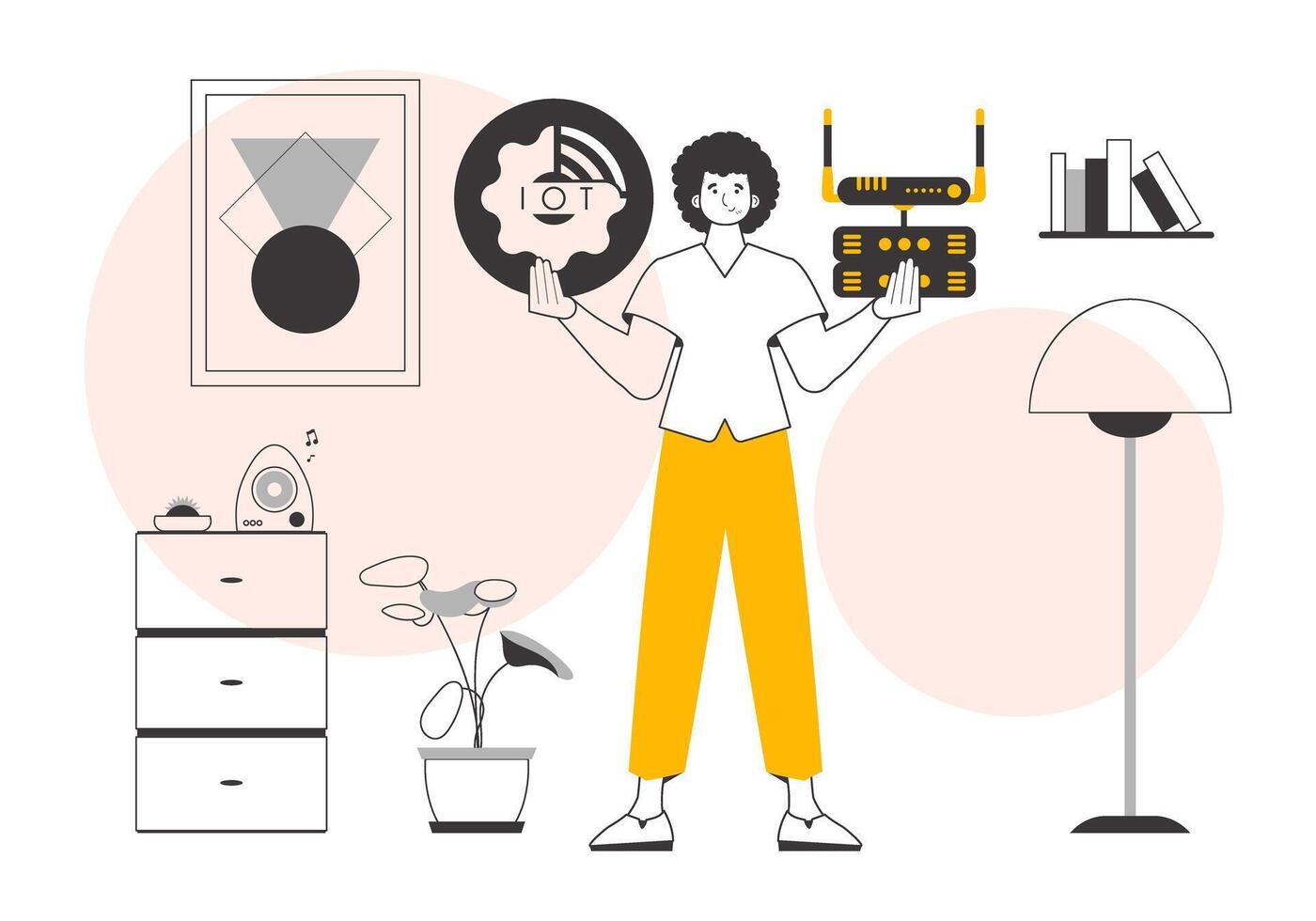 The guy holds the internet of things logo in his hands. Linear modern style. . vector
