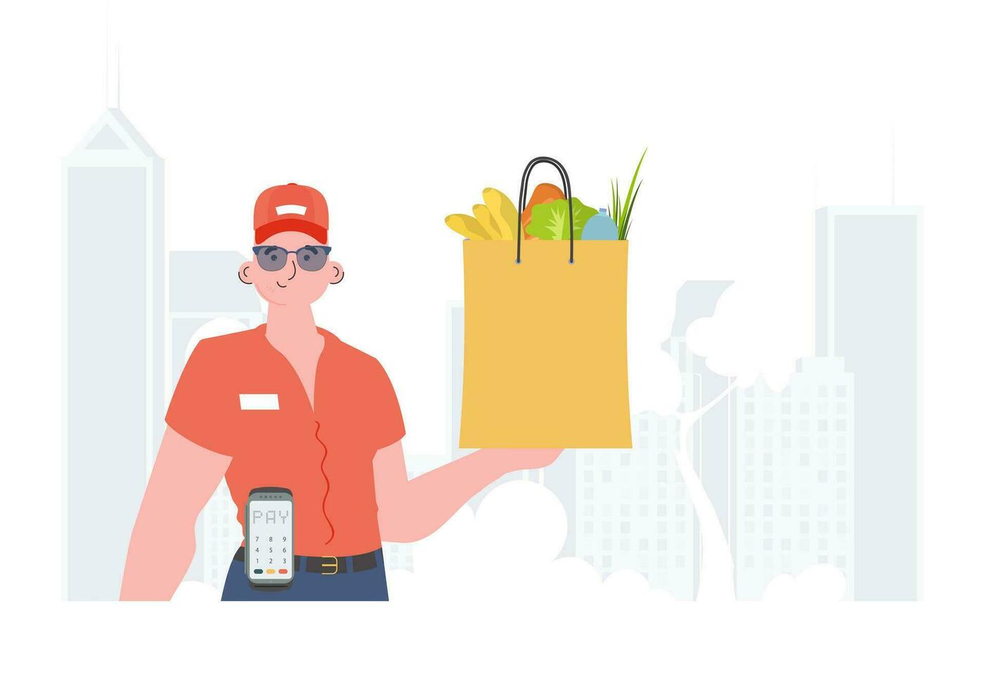 Home delivery concept. A man is holding a grocery bag. Trendy flat style. Vector. vector