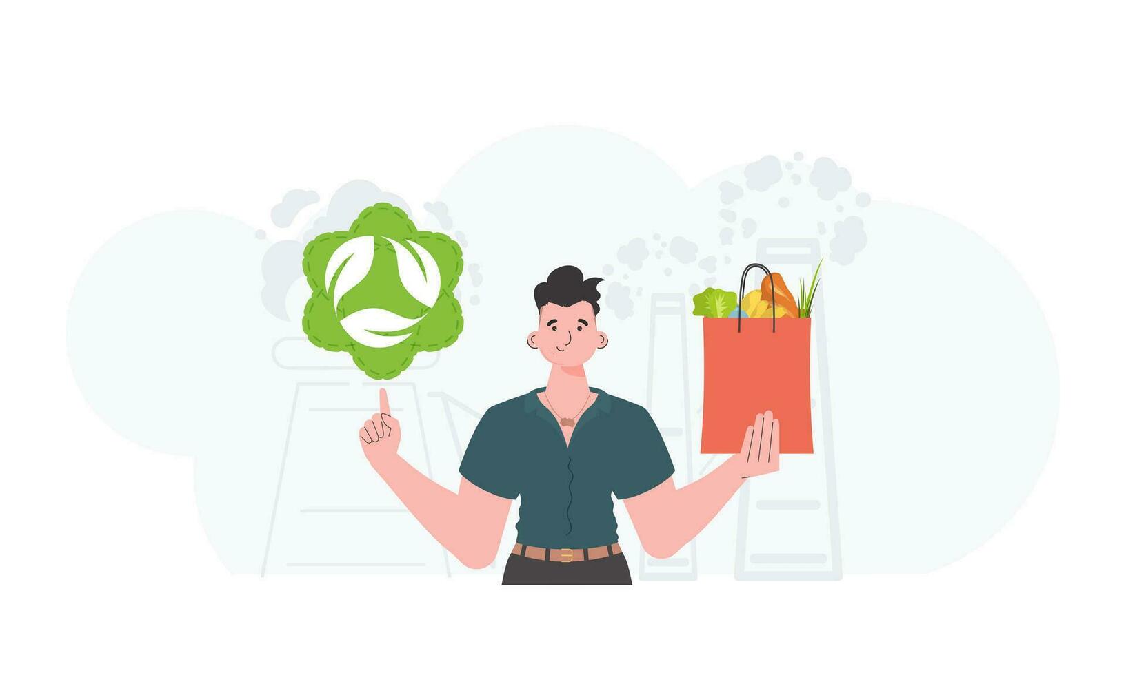 The guy is shown waist-deep holding an EKO icon and a bag of proper nutrition. Healthy food, ecology, recycling and zero waste concept. Trend style, vector illustration.