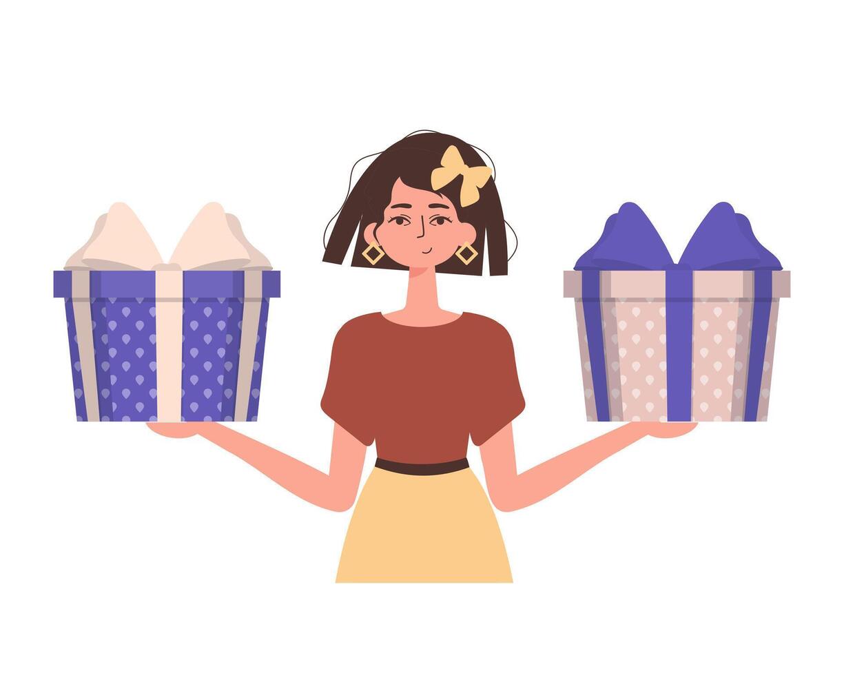 The girl is holding a festive gift box. Modern character style. vector