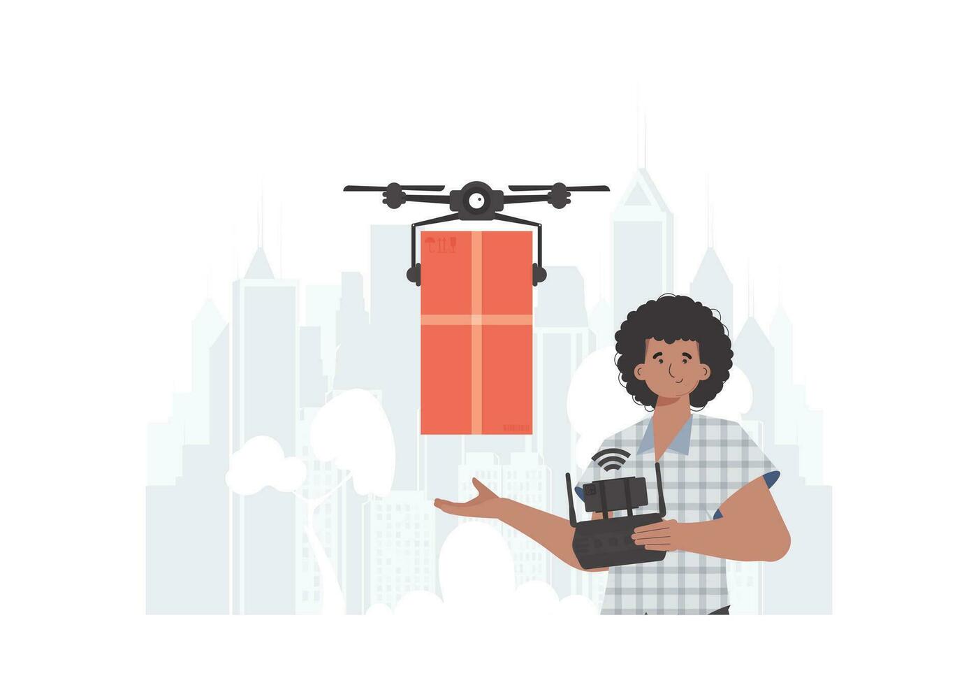 A man controls a quadcopter with a package. Delivery concept. Vector illustration.