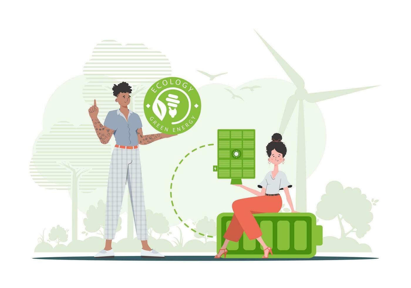 Boy and girl and solar panel. Eco energy concept. Vector illustration.