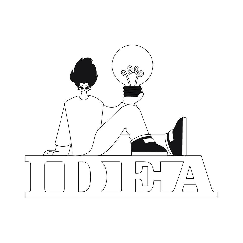 Man holds light bulb. ideas concept. Linear style, vector Illustration.