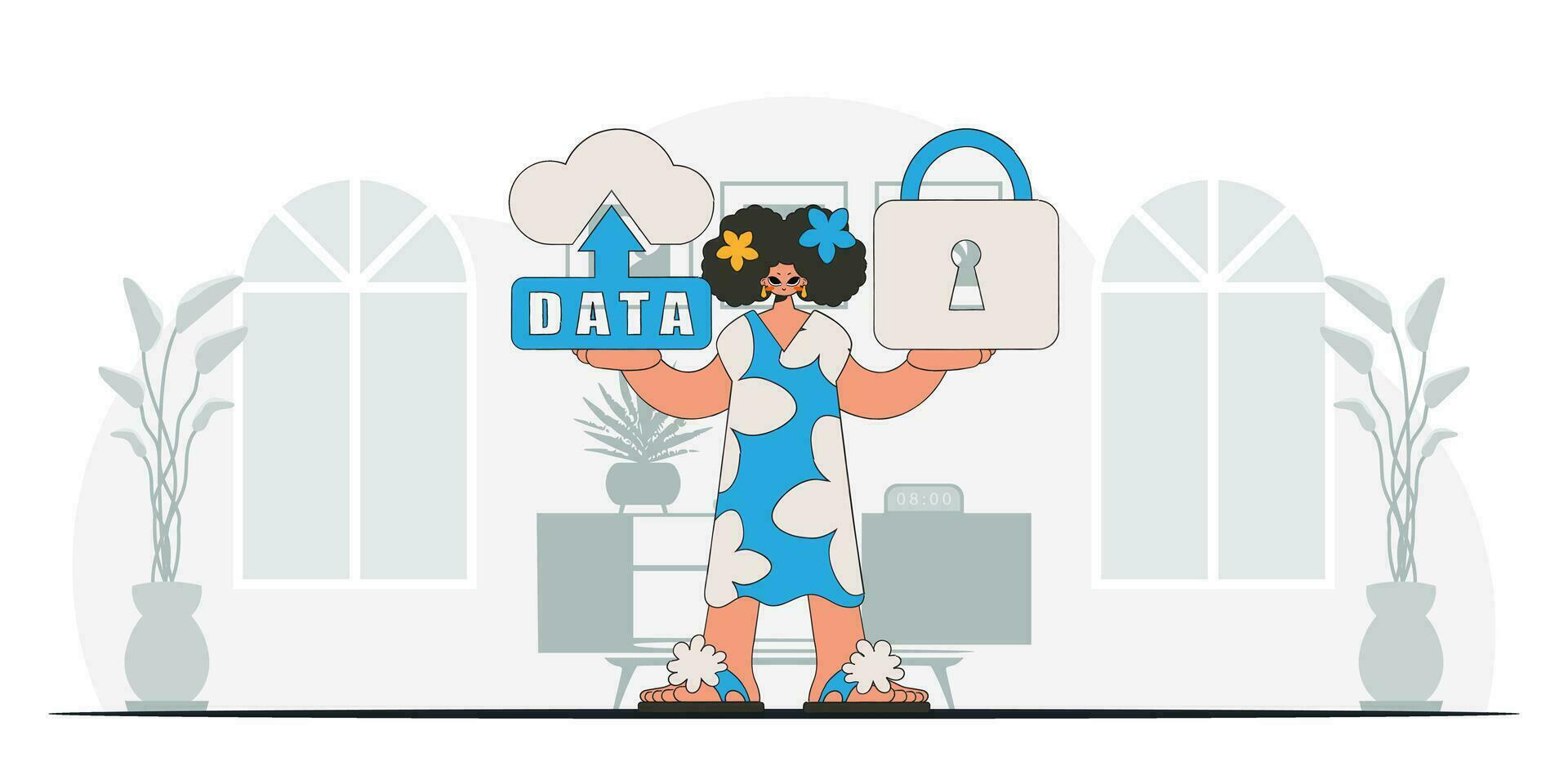 Girl using cloud storage, padlock in hand, modern vector character style.