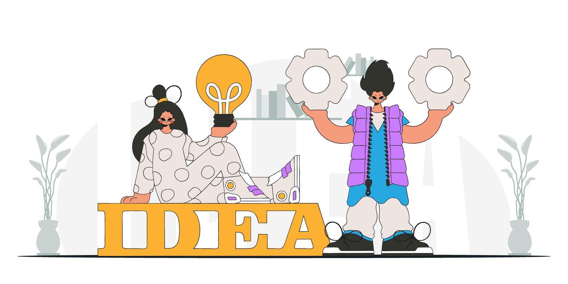 A chic team solves problems and generates ideas. Light bulb and gears in their hands. Illustration on the theme of the appearance of an idea. vector