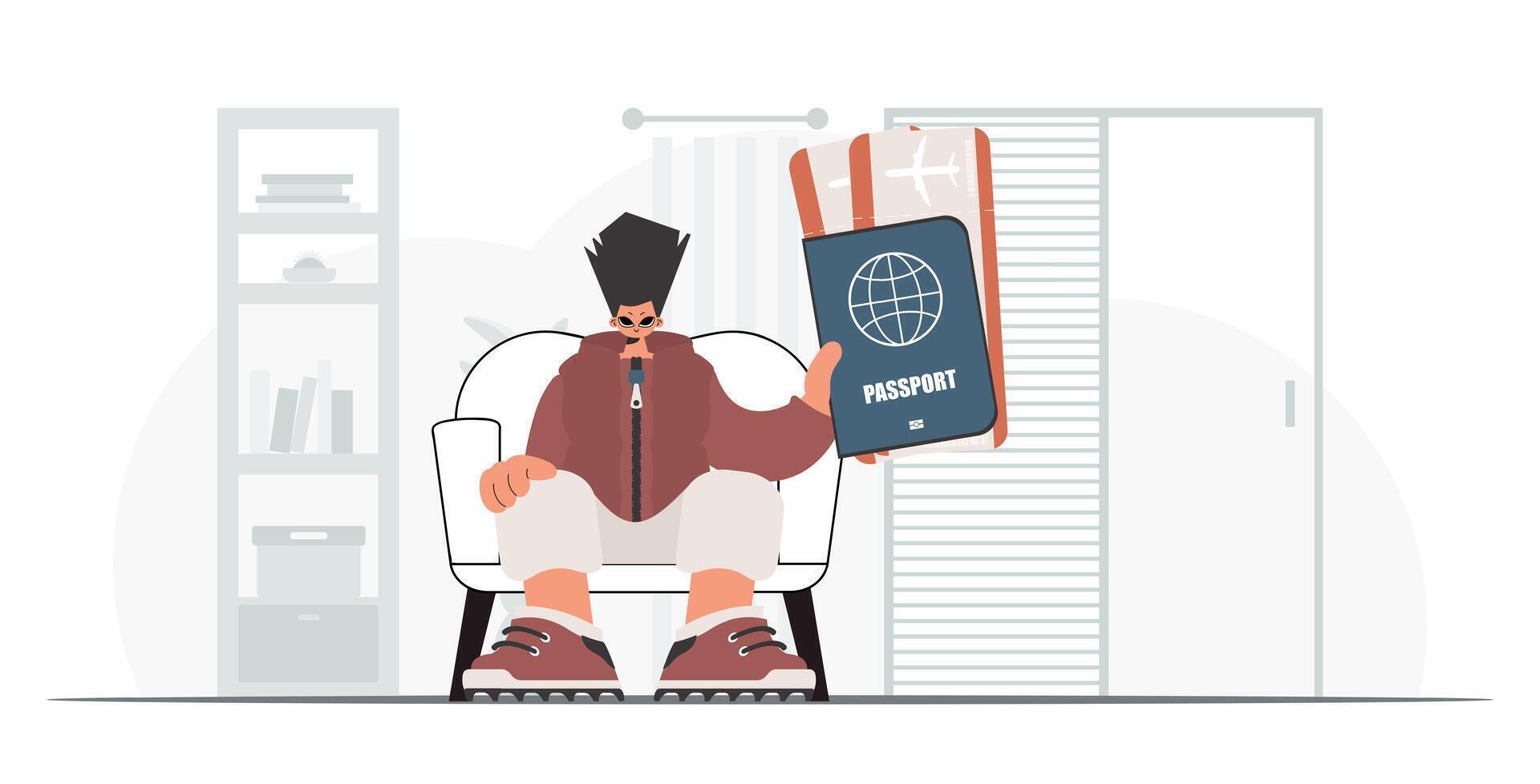 The person holds a around the world id and discourse around tickets in his hands. The concept of rest and travel. Trendy style, Vector Illustration