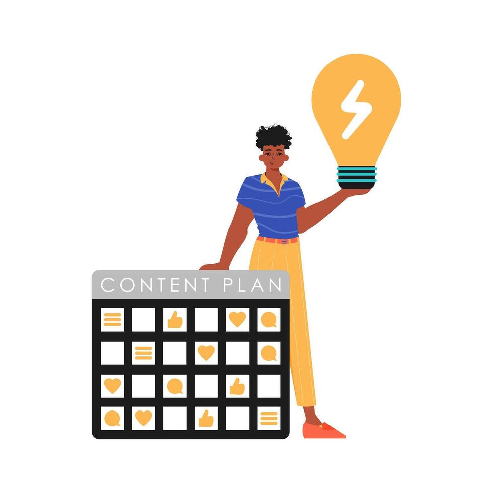 The Guy is holding a light bulb and a content plan. Trendy style, Vector Illustration