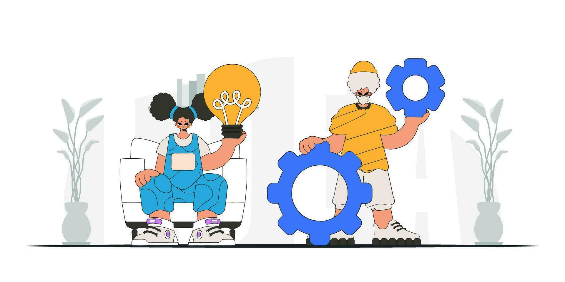 Attractive guy and girl generates ideas and solves problems. Light bulb and gears in their hands. Idea concept. trendy character. vector