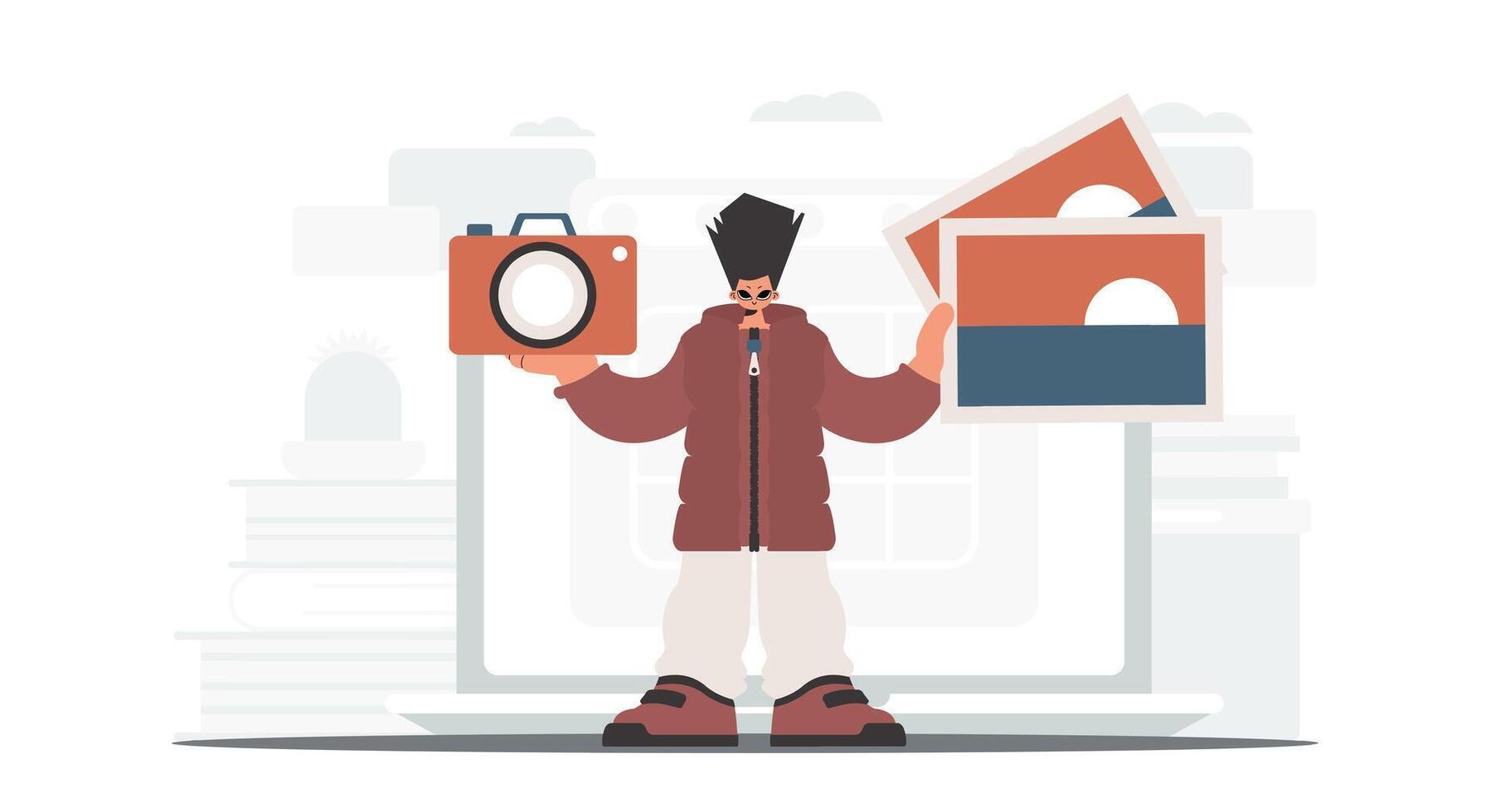 The person holds a camera and photographs in his hands. The concept of rest and travel. Trendy style, Vector Illustration