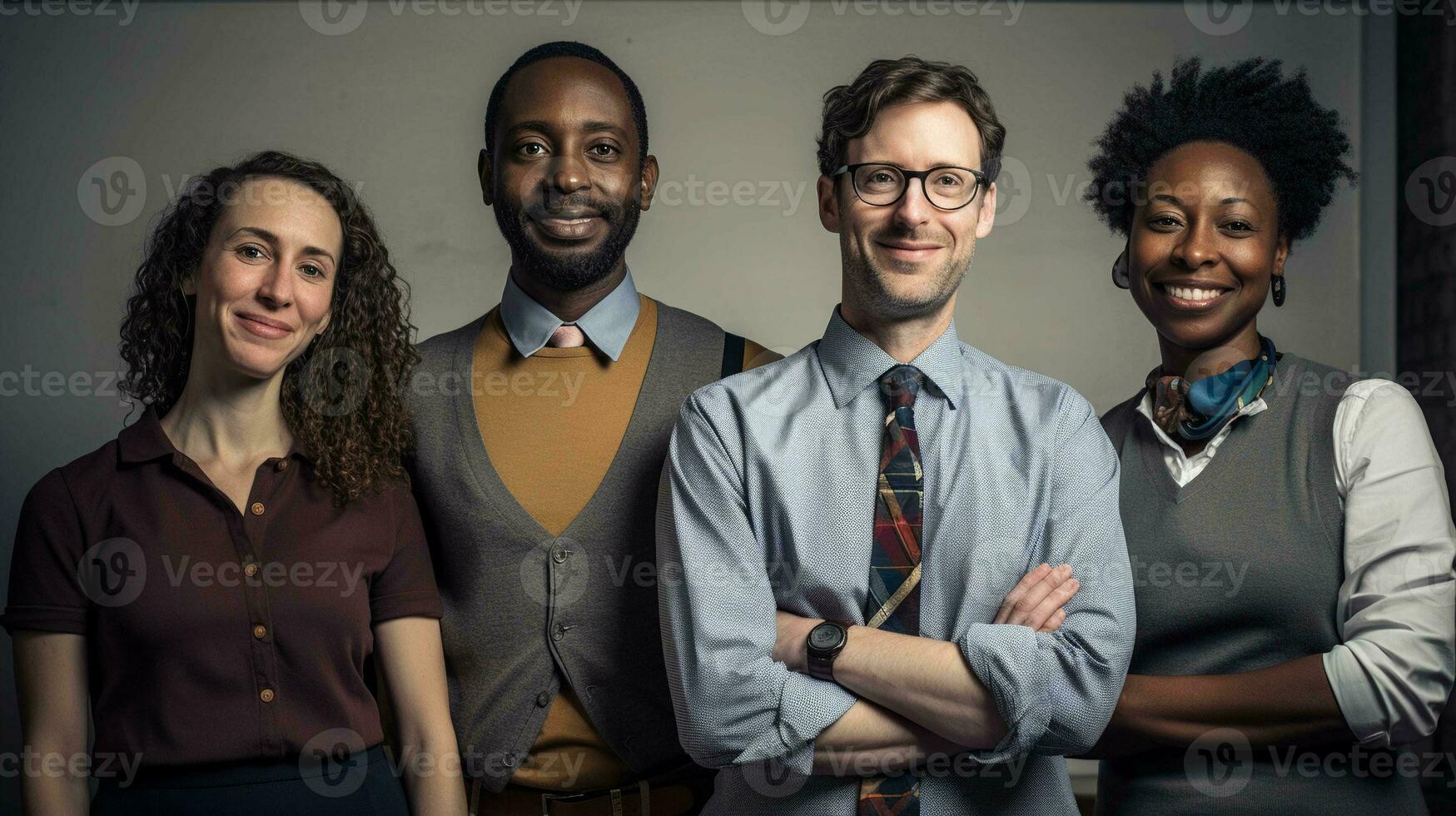 diverso profesores en escuela. un inclusivo equipo de educadores formación el futuro de estudiantes foto