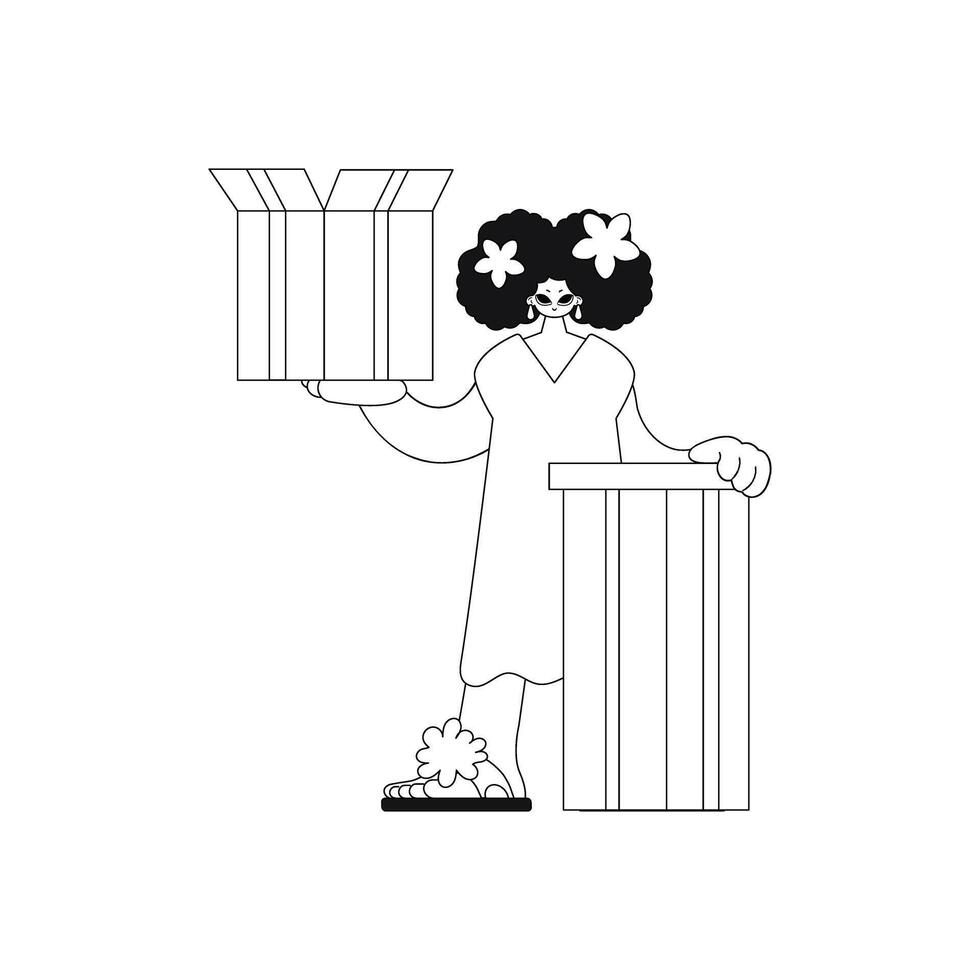 She grasps a box. Delivering the package. Simple design. image. vector