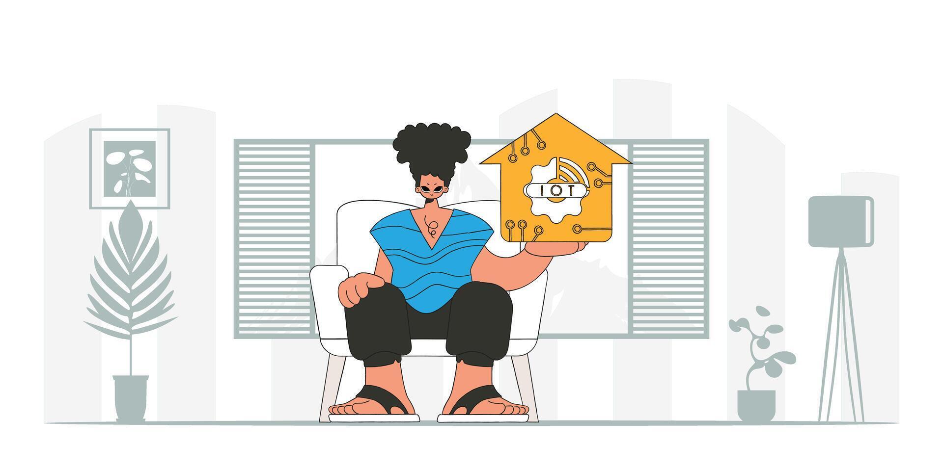 Man sits on ground, grasping IoT logo, modern character style. vector